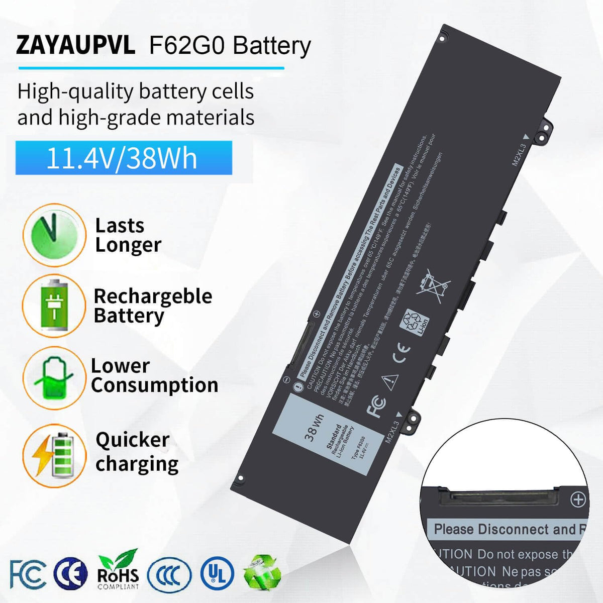ZAYAUPVL F62G0 label close-up showing specs and clear compatibility information