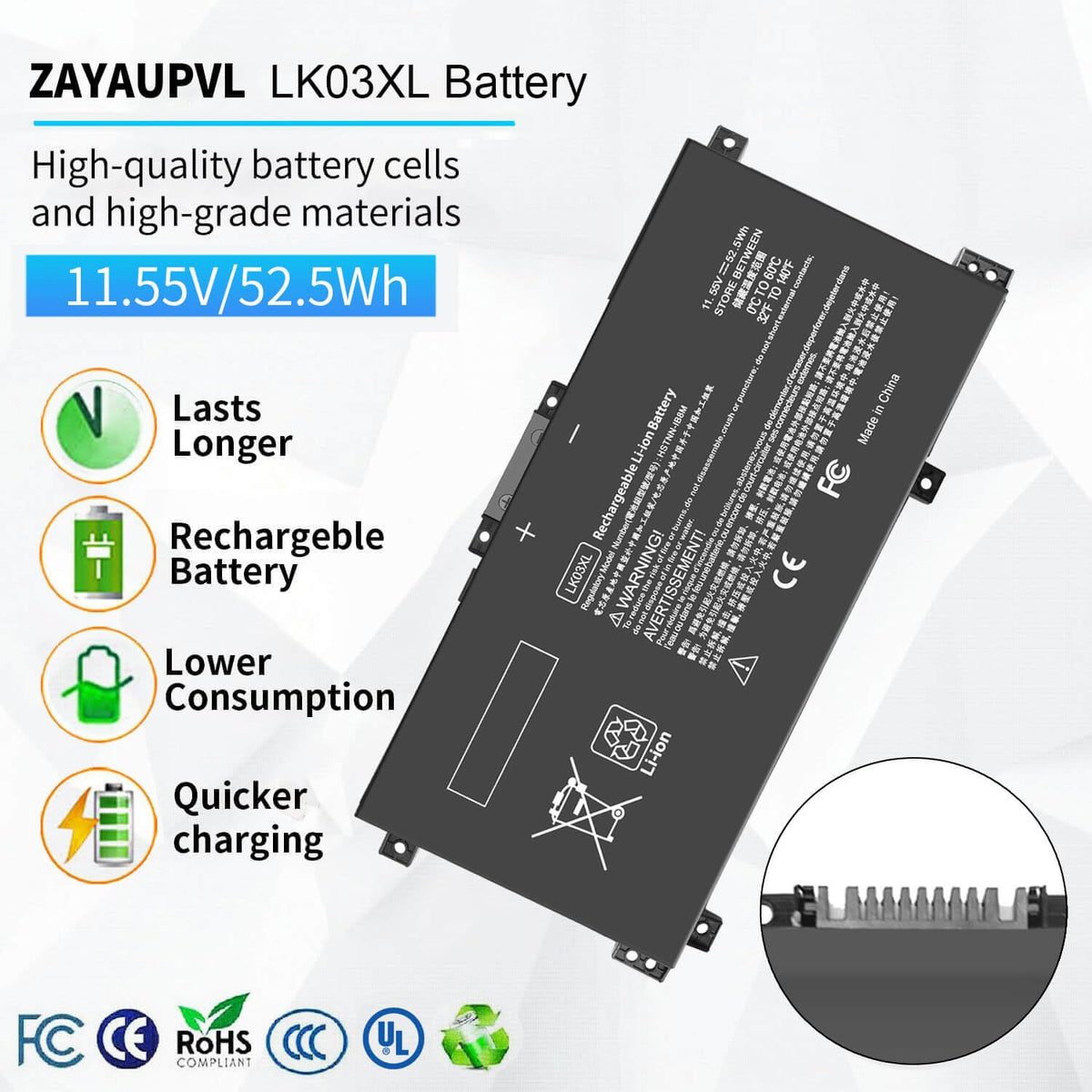 ZAYAUPVL LK03XL top label close-up displaying voltage and capacity for confident purchase