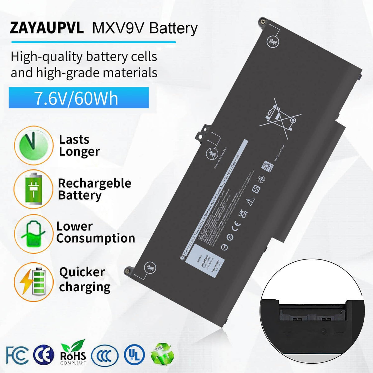 ZAYAUPVL MXV9V close-up of connector for reliable fit and safety