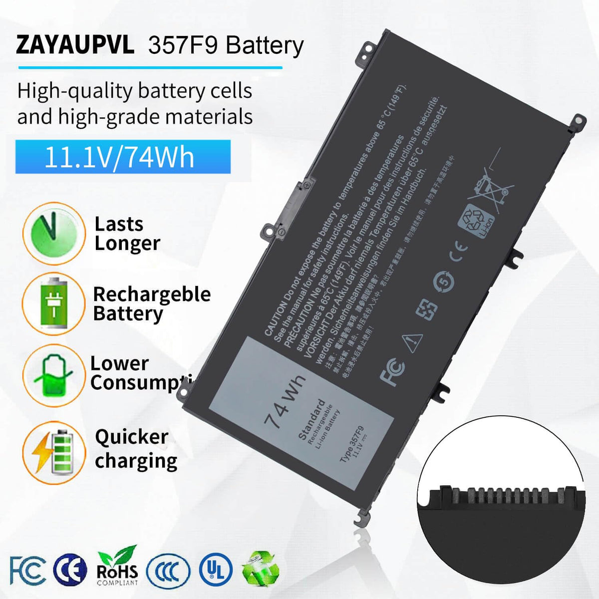 ZAYAUPVL battery top label close-up showing 74Wh and 11.1V, confirming compatibility