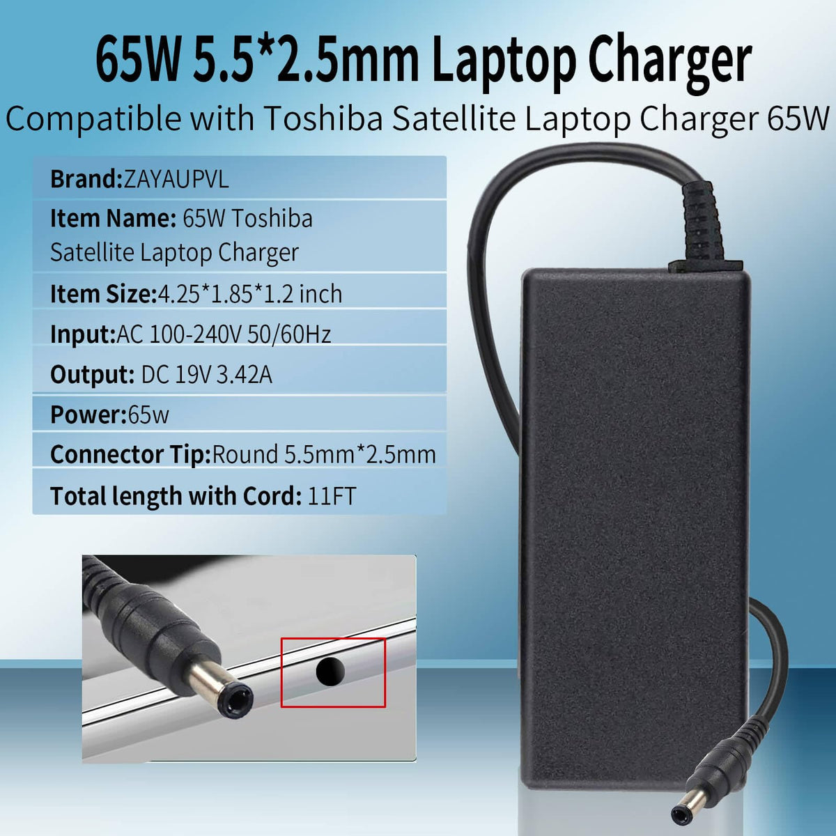 ZAYAUPVL 5.5x2.5mm connector on a Toshiba charger ready for compatibility.