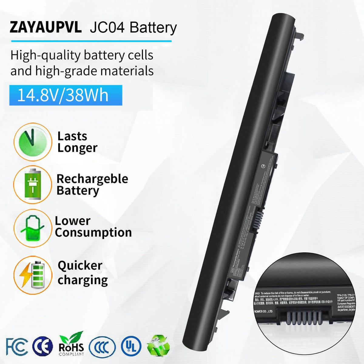 ZAYAUPVL JC04 battery in box with quick-start manual for HP laptops.