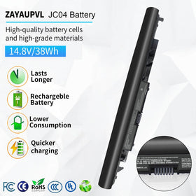 ZAYAUPVL JC04 battery in box with quick-start manual for HP laptops.