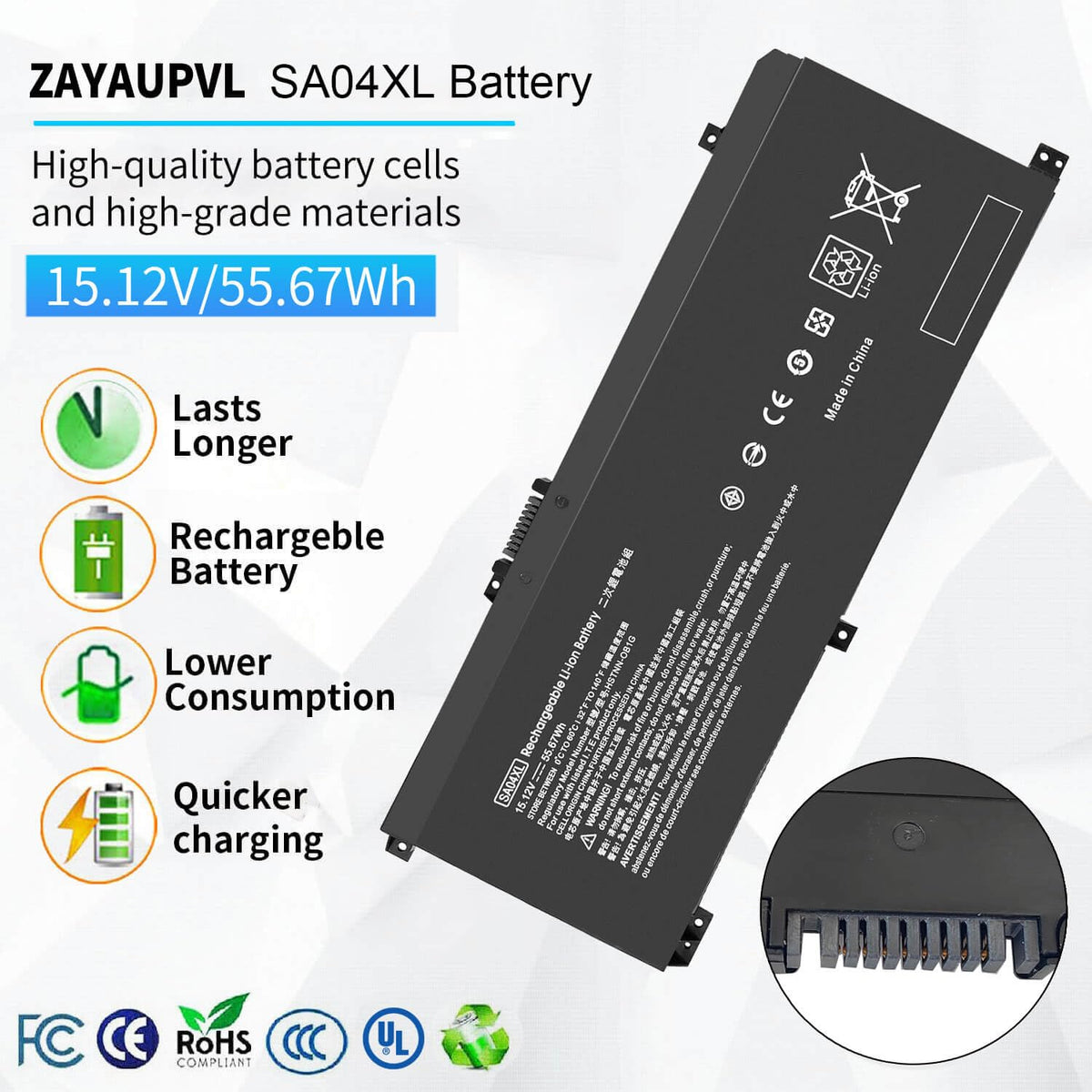 ZAYAUPVL SA04XL top label close-up showing voltage and capacity for reliability