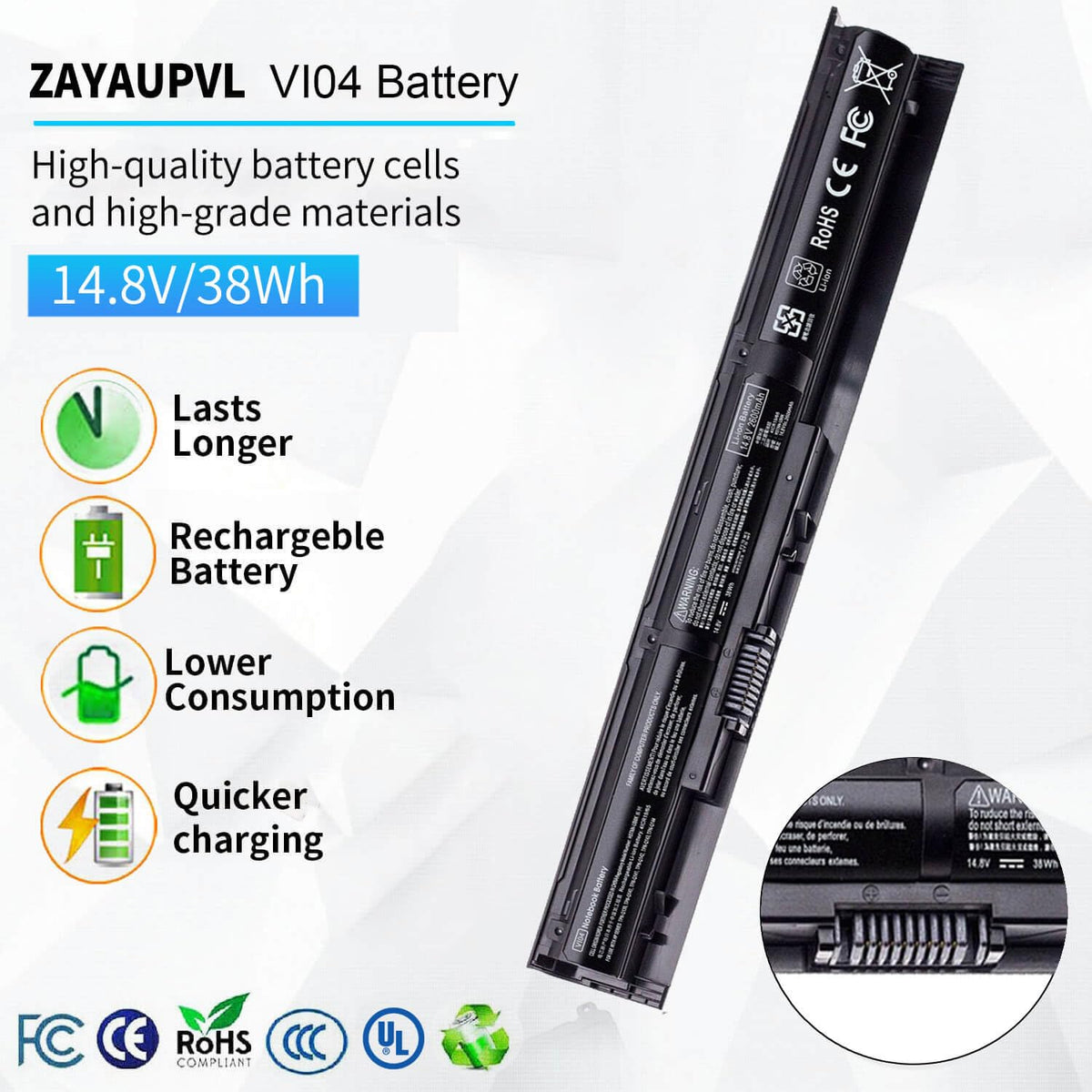 ZAYAUPVL VI04 battery back view highlighting compact form factor for HP laptops.
