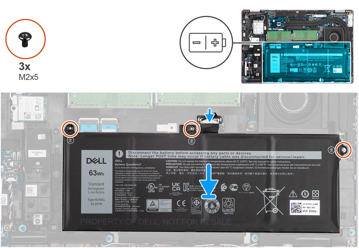 ZBTZMC RJ40G 63Wh battery for Dell Precision 3560, open-case view with connector interface