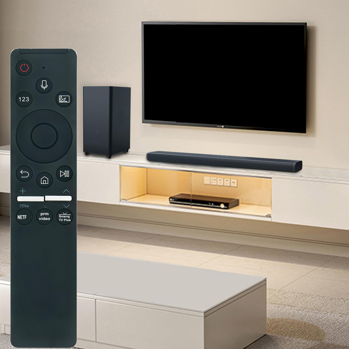 ZdalaMit remote pointed at Samsung TV demonstrating pairing and voice search convenience