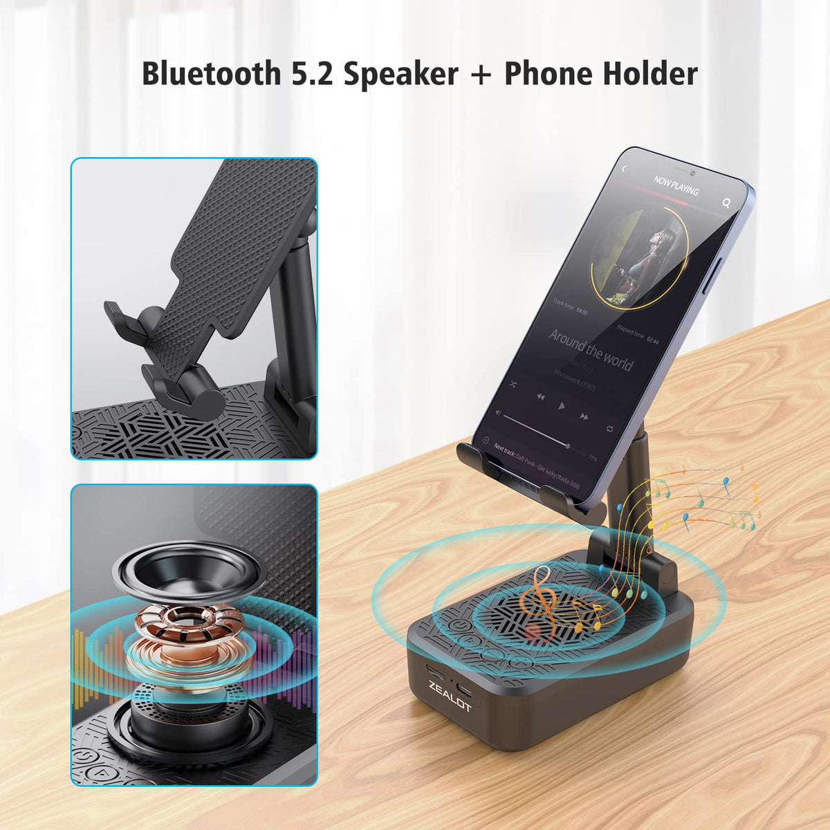 Foldable ZEALOT desk stand with induction speaker for portable playback