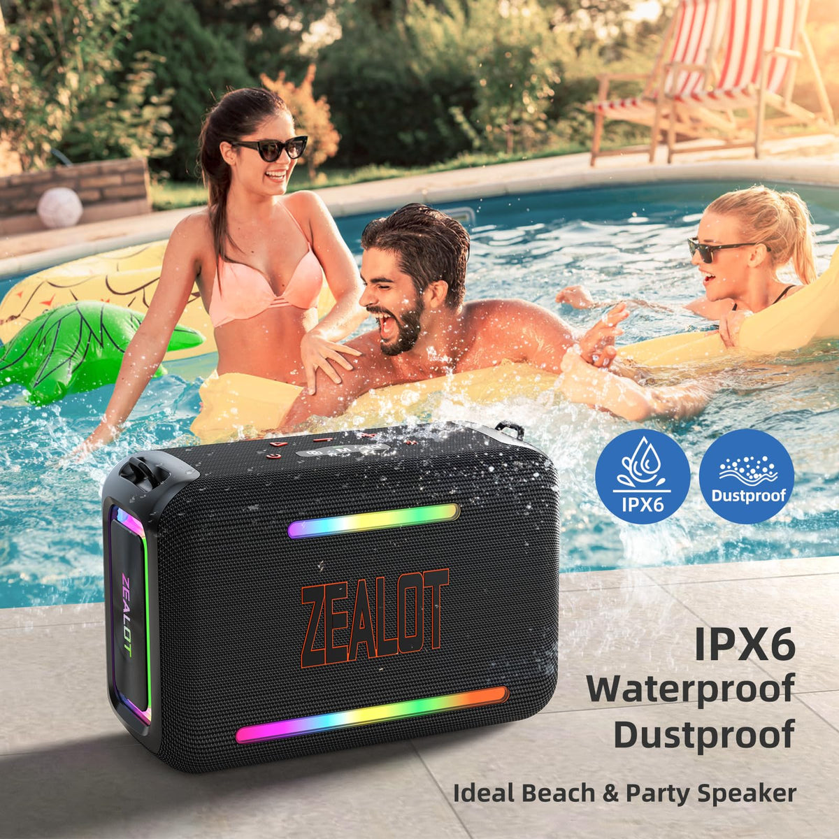 ZEALOT IPX6 waterproof design handling water exposure at the beach.