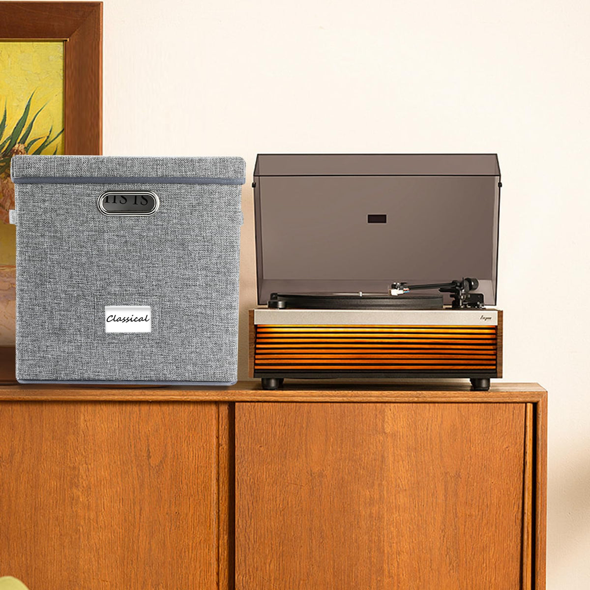 ZEDKEHO crate in a listening nook, stylish storage for vinyl enjoyment