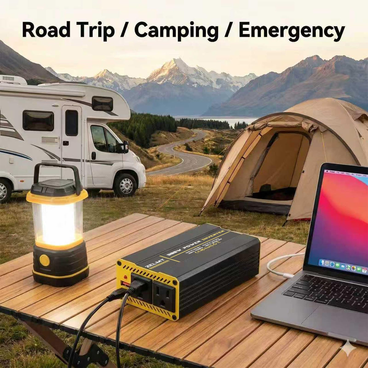 ZELMT 300W inverter with dual AC outlets powers laptops and small appliances.