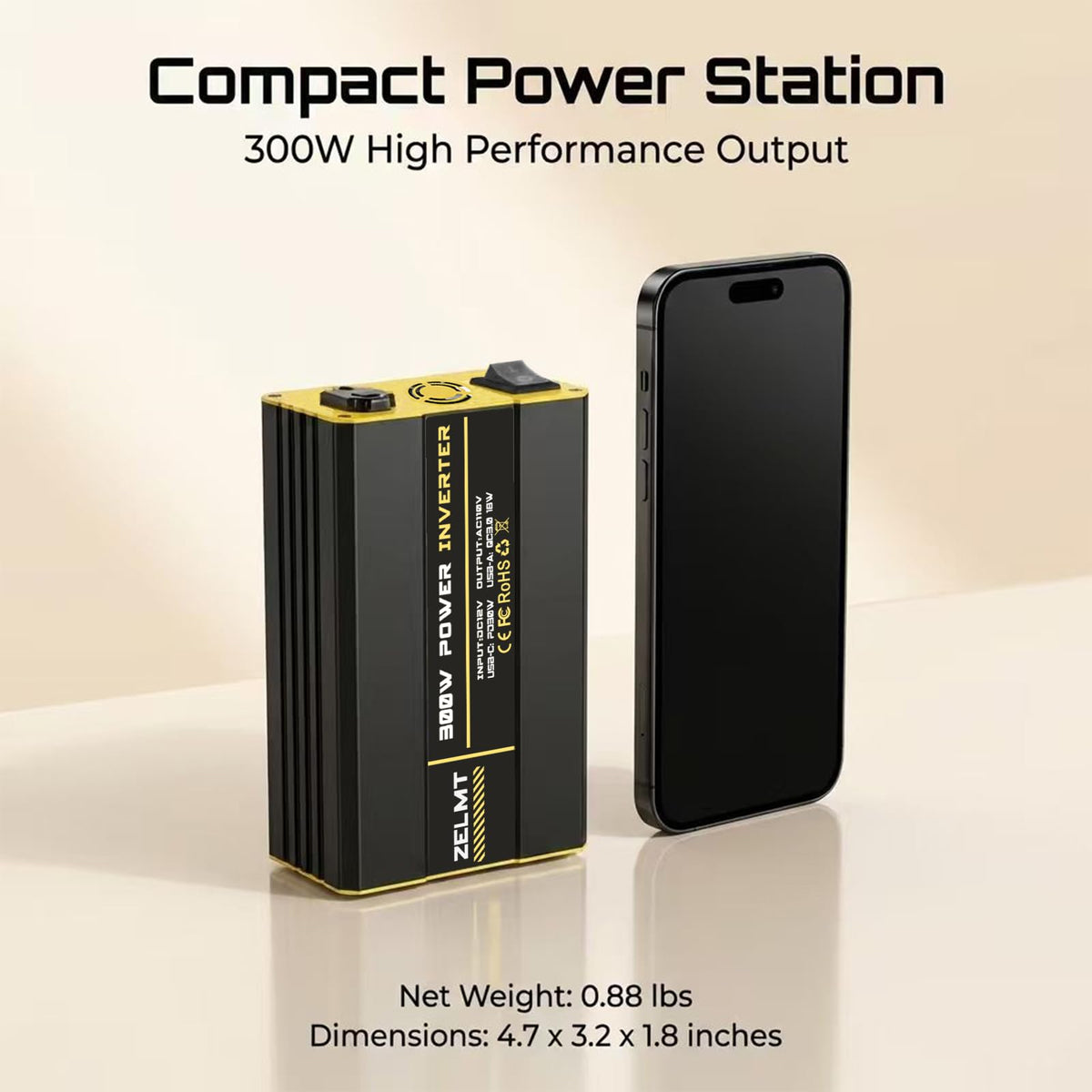 ZELMT 300W inverter plug-and-play setup for easy use.