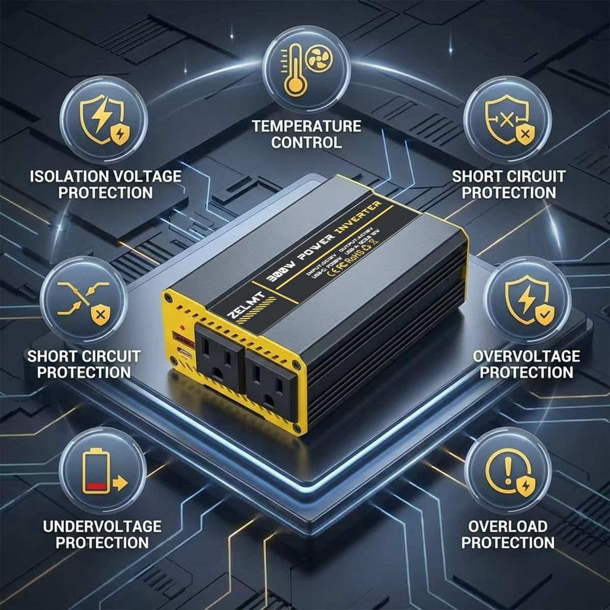 ZELMT 300W inverter safety protections guard against overload and overheating.