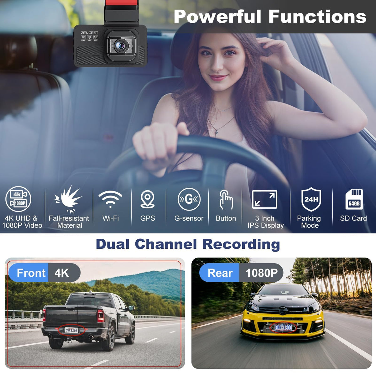 Zengest dash cam rear 1080p records the rear view for comprehensive coverage