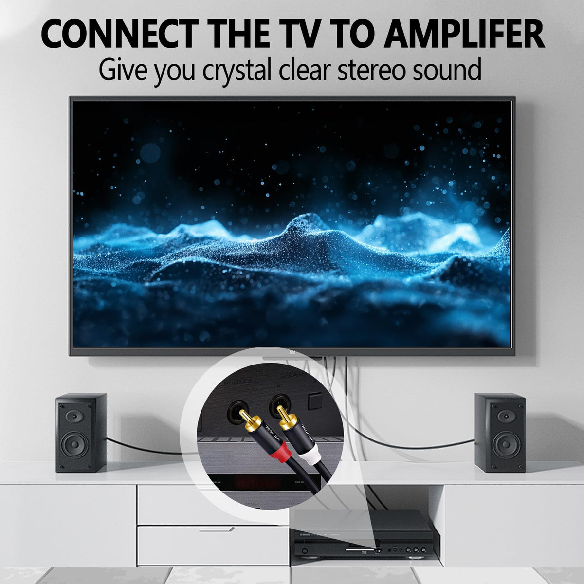 ZEQKULW 2RCA cable installed in a home theater setup for clean sound.
