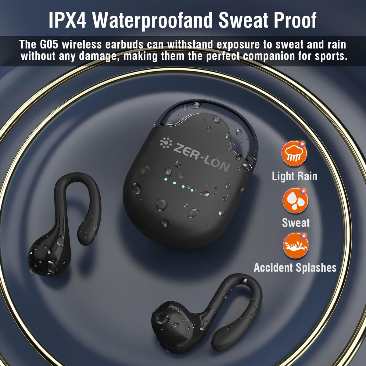 ZER-LON IPX4 waterproof earbuds resistant to sweat and splashes.