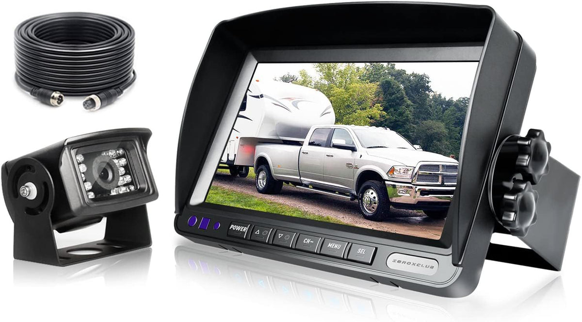 ZEROXCLUB front view of 7 inch monitor and rear camera showing clear benefit of wide view