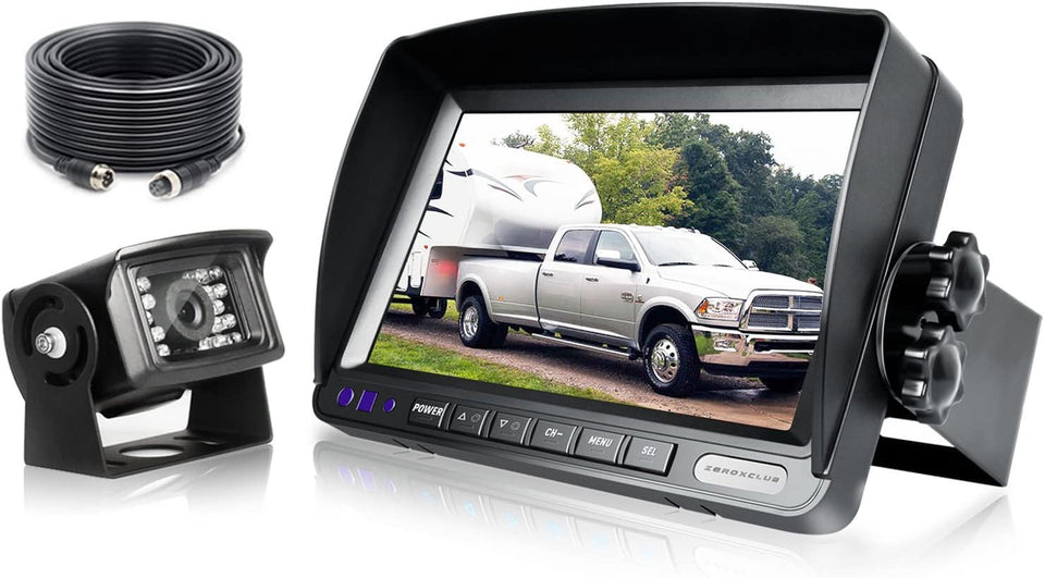 ZEROXCLUB front view of 7 inch monitor and rear camera showing clear benefit of wide view