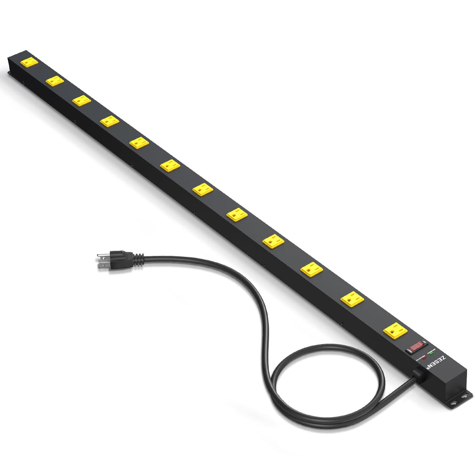 ZESEN front view of 12-outlet strip showing layout and easy access benefits