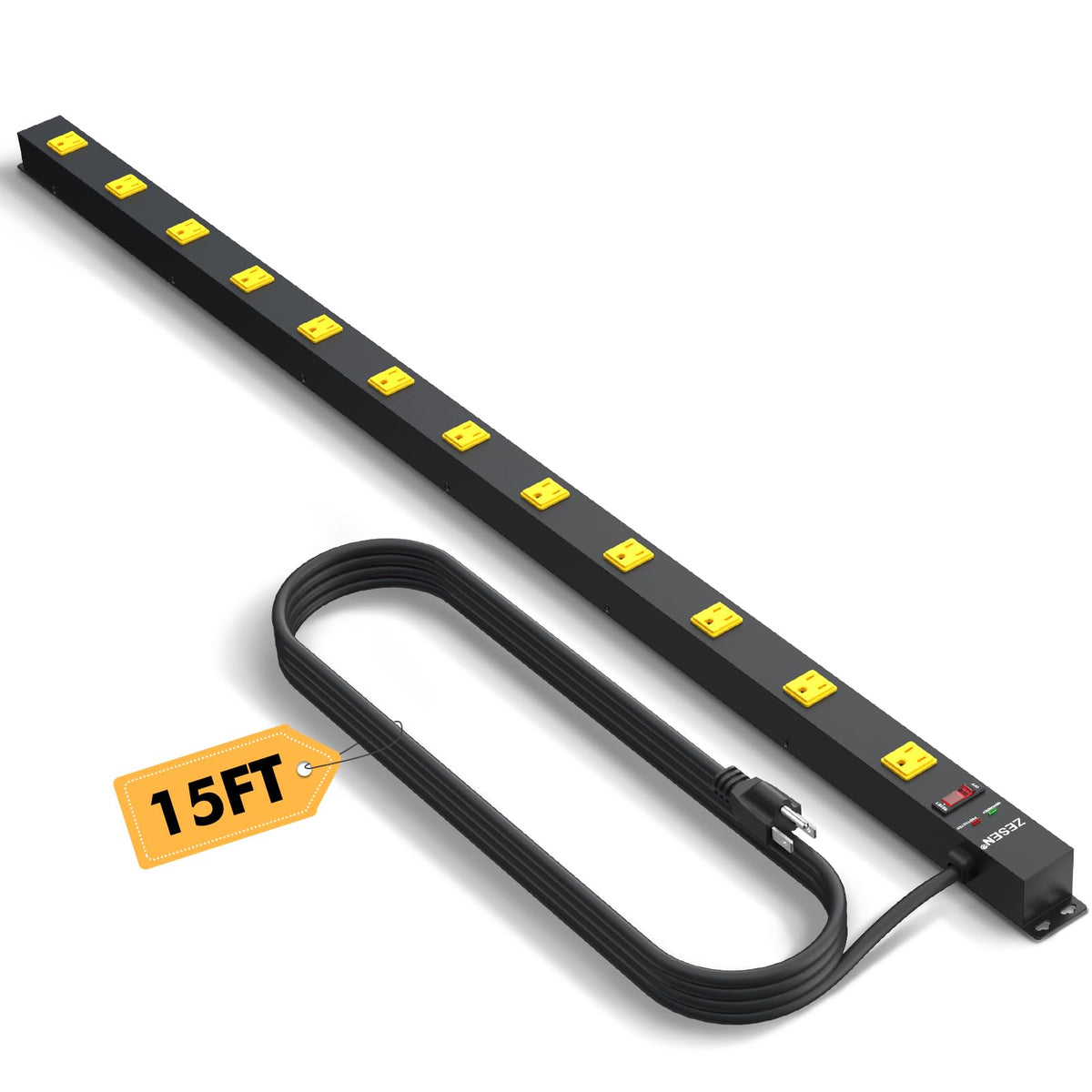 ZESEN front view metal power strip showing 12 outlets and long cord for convenience