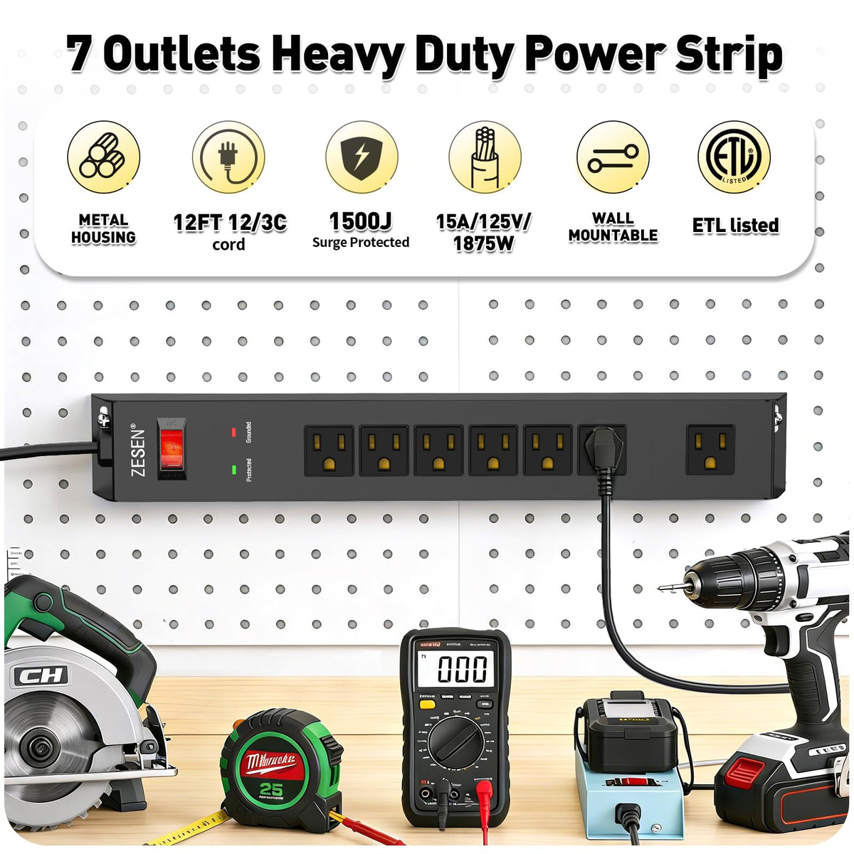 ZESEN close-up of spaced outlets showing clearance for large adapters and convenience