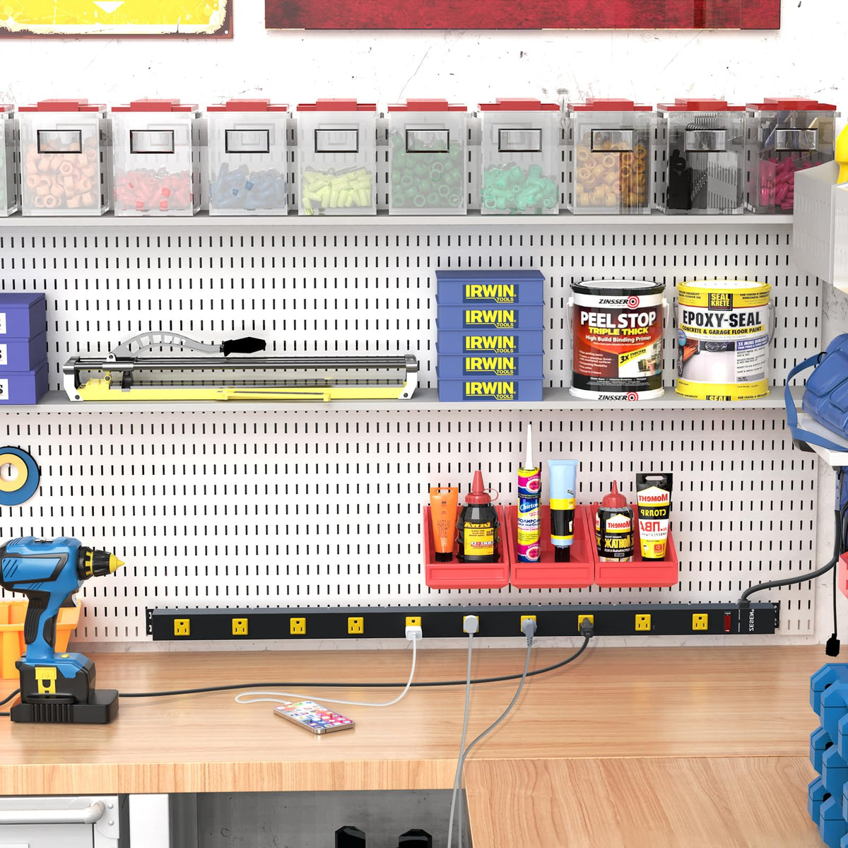 ZESEN on a workbench powering tools showing organized power distribution benefit