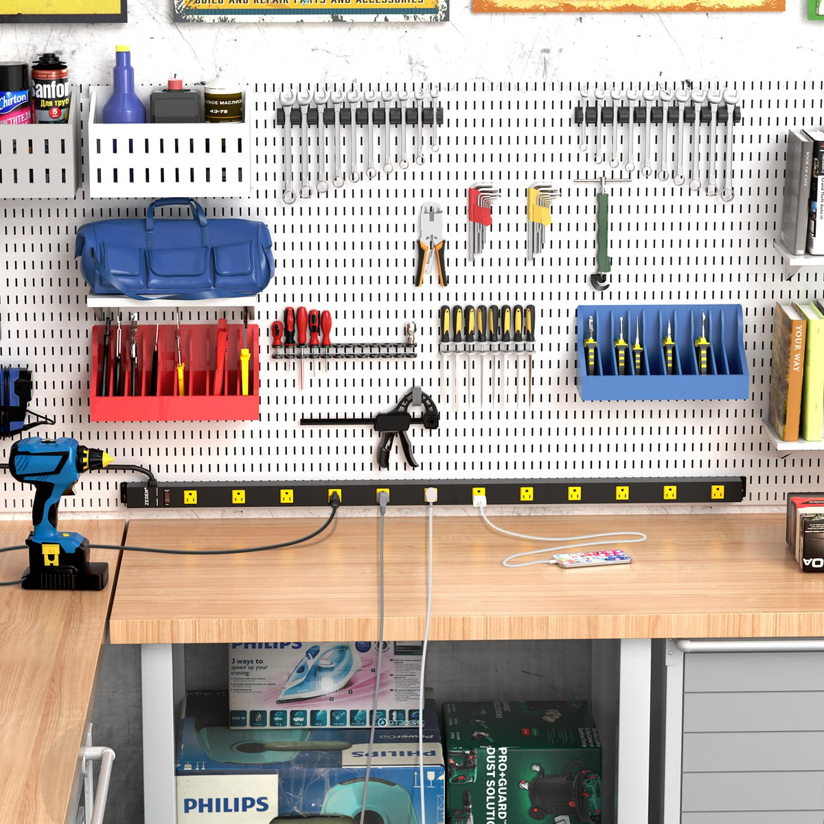 ZESEN power strip in a garage workshop powering tools and improving workflow