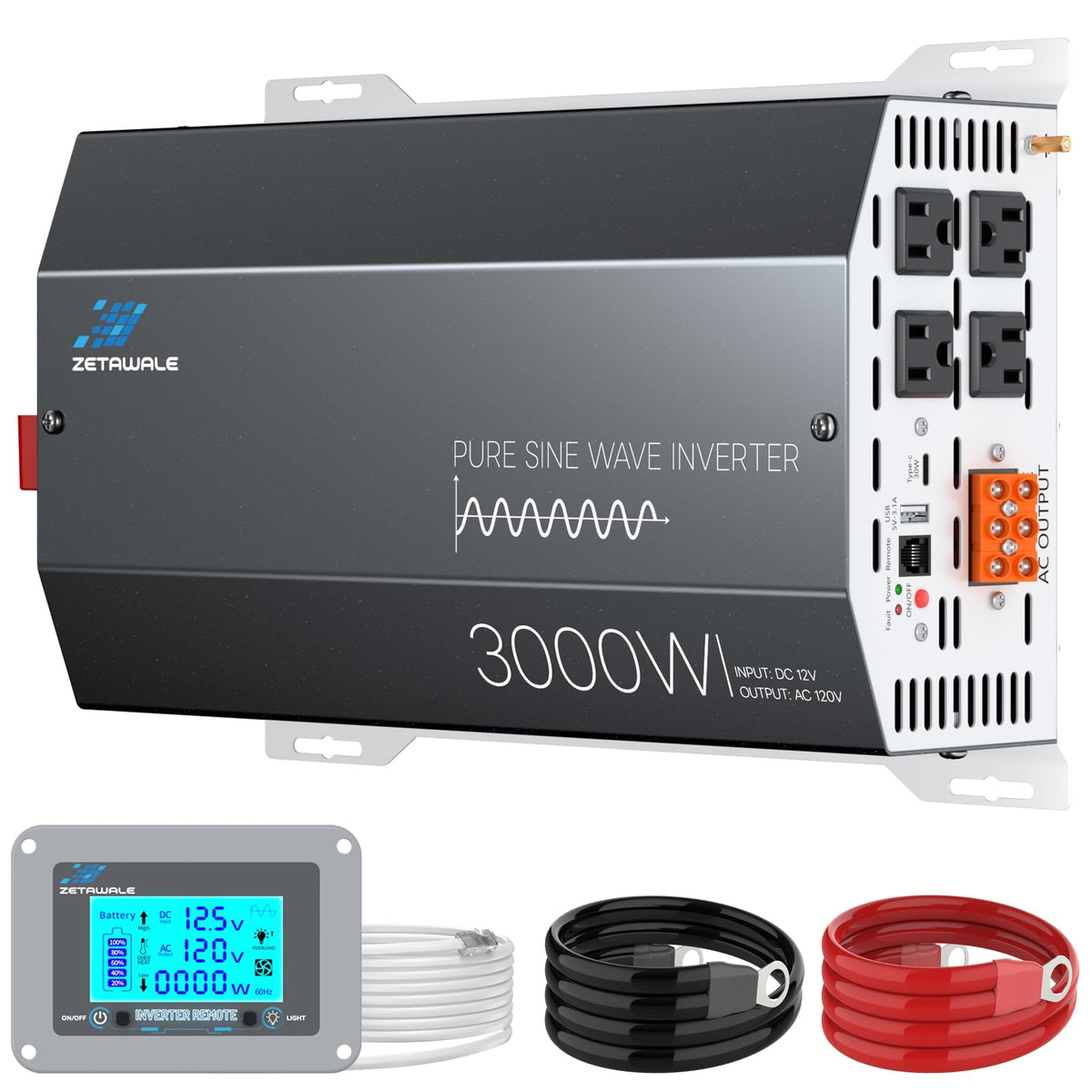 ZETAWALE 3000W inverter front view showing compact design and clean power output