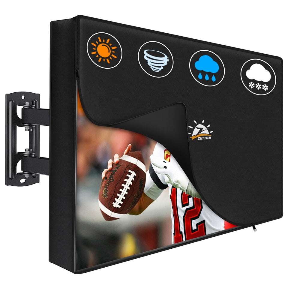 Zettum Outdoor TV Cover on a 32-inch screen protects from weather and debris.