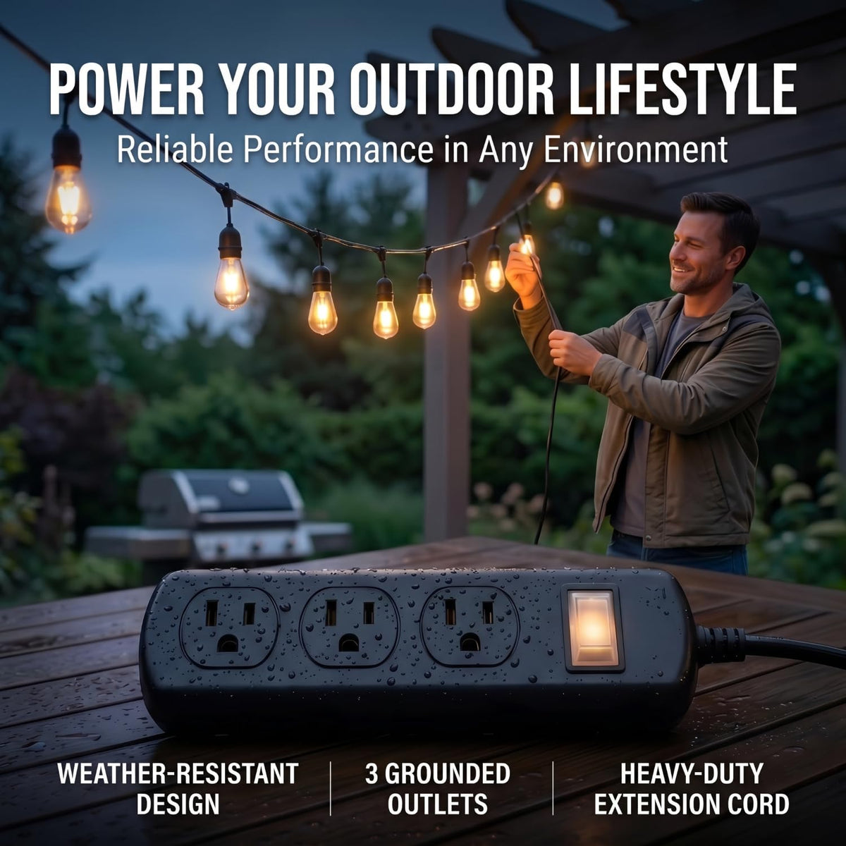 zewhab wall-mountable strip keeps cords tidy outside on patios and decks.