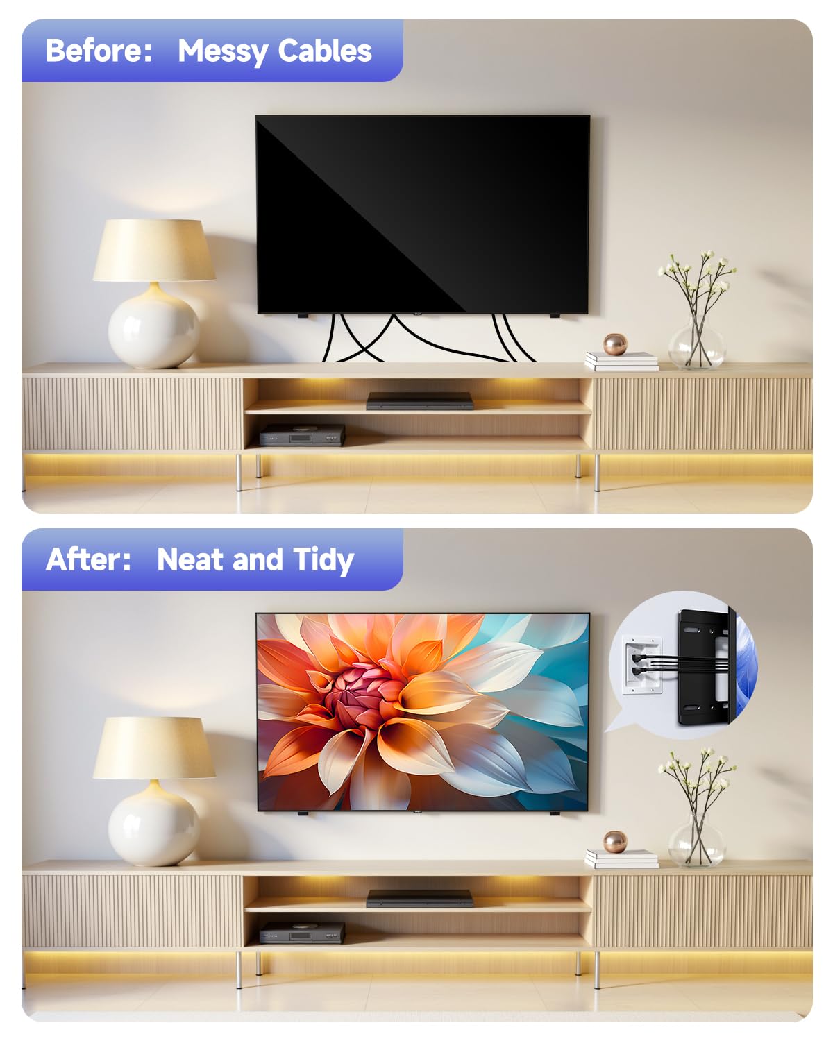 ZEXMTE installed behind a wall-mounted TV for a clean, cable-free look