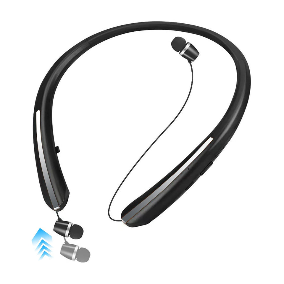 ZHAOGE retractable earbuds being pulled to adjust length for tangle-free listening.