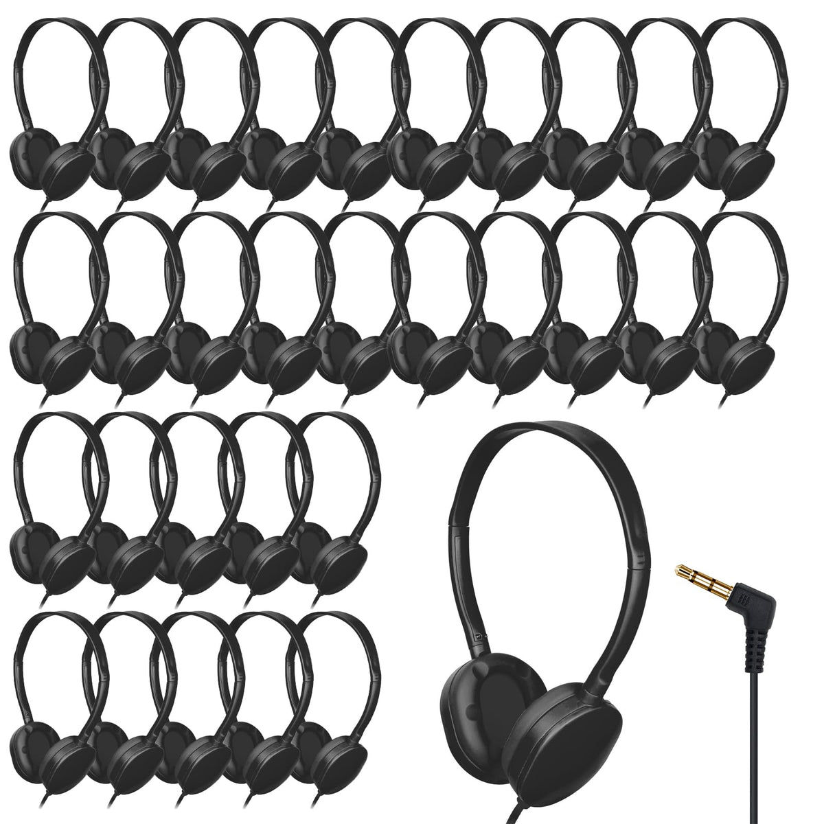 ZHENWAY 30-pack bulk headphones for classroom setup with black wired design for group listening