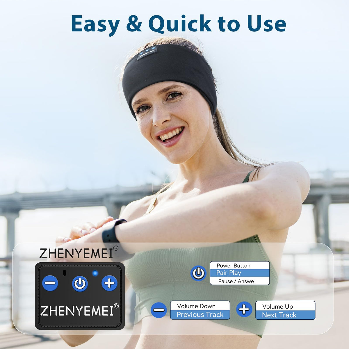 ZHENYEMEI built-in headphones eliminate wires and tangles during activities.