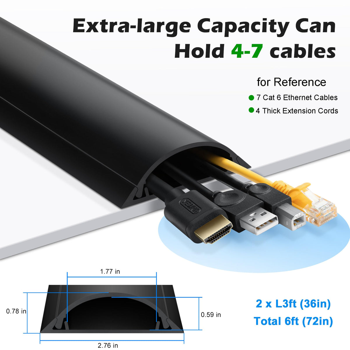 Large capacity model fits 4 to 7 cables for tidy, organized floors.