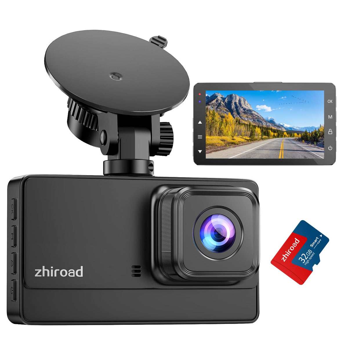 zhiroad front dash cam mounted on windshield showing road view and wide coverage