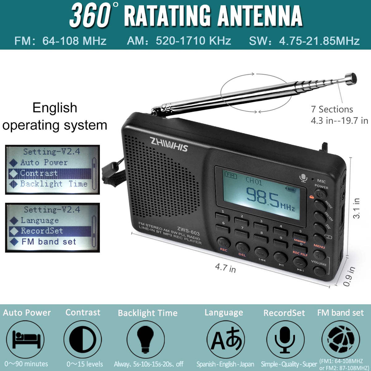 ZHIWHIS DSP radio with rotatable antenna for clear FM/MW/SW reception.