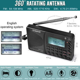 ZHIWHIS DSP radio with rotatable antenna for clear FM/MW/SW reception.