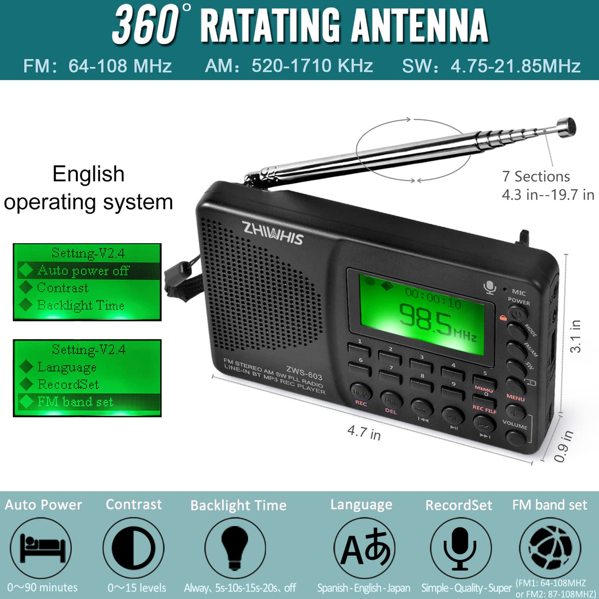 ZHIWHIS portable radio extended antenna improving FM reception during travel.