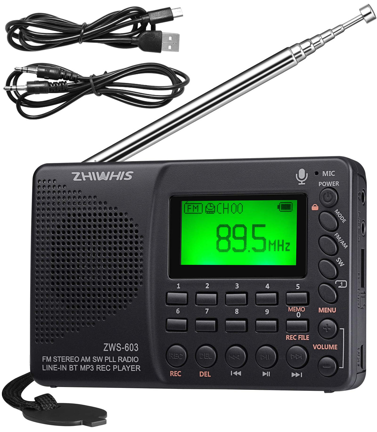ZHIWHIS portable radio front view with compact design for everyday listening.