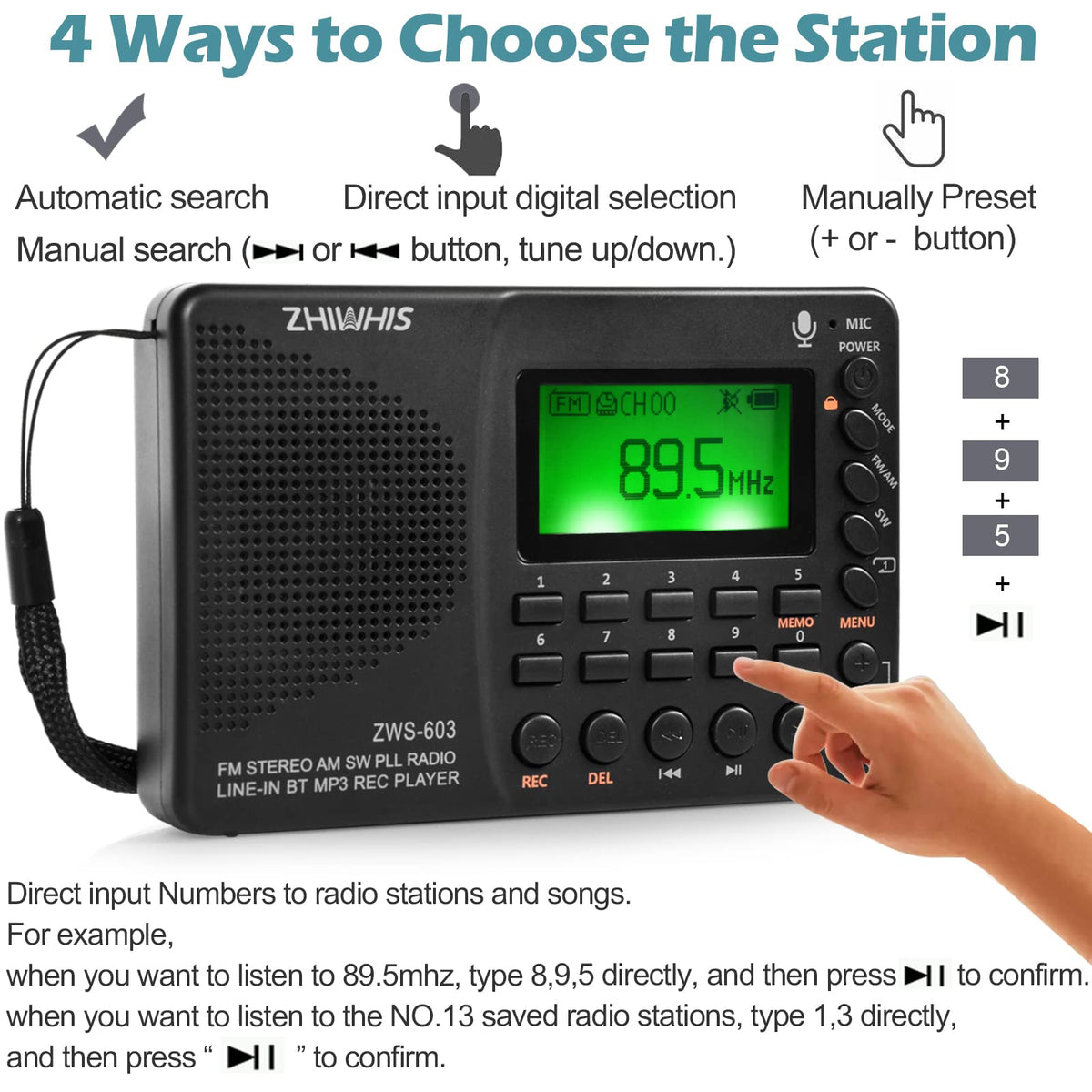 ZHIWHIS portable radio speaker output delivering clear room‑filling sound.