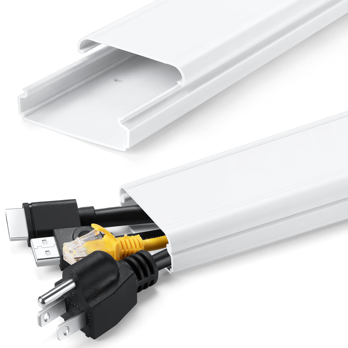 ZhiYo 34in TV cord hider along the wall hides cables for a tidy setup.