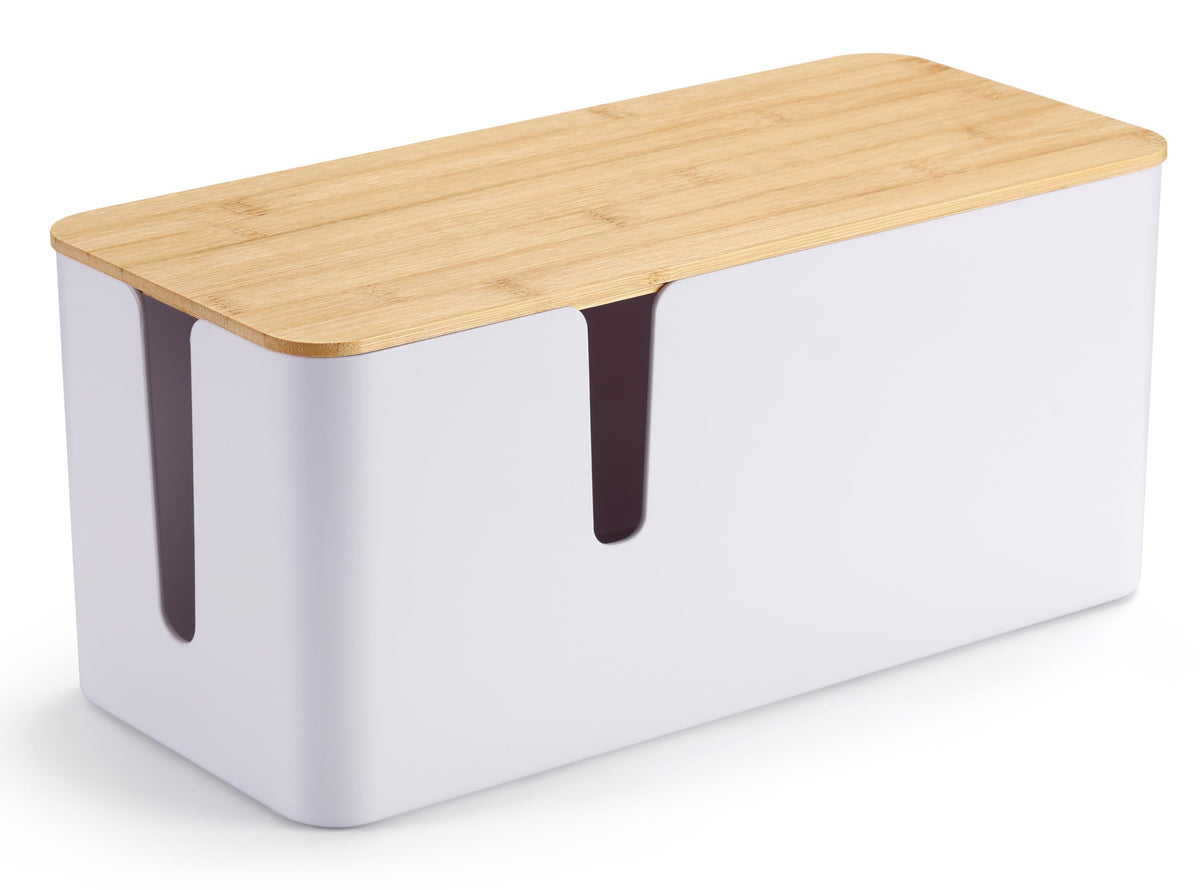 ZhiYo Bamboo Lid Cord Organizer Box top view shows clutter-free desk space.