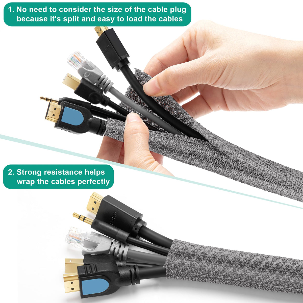 ZhiYo grey cable sleeve self-wrap design for quick, tool-free installation.