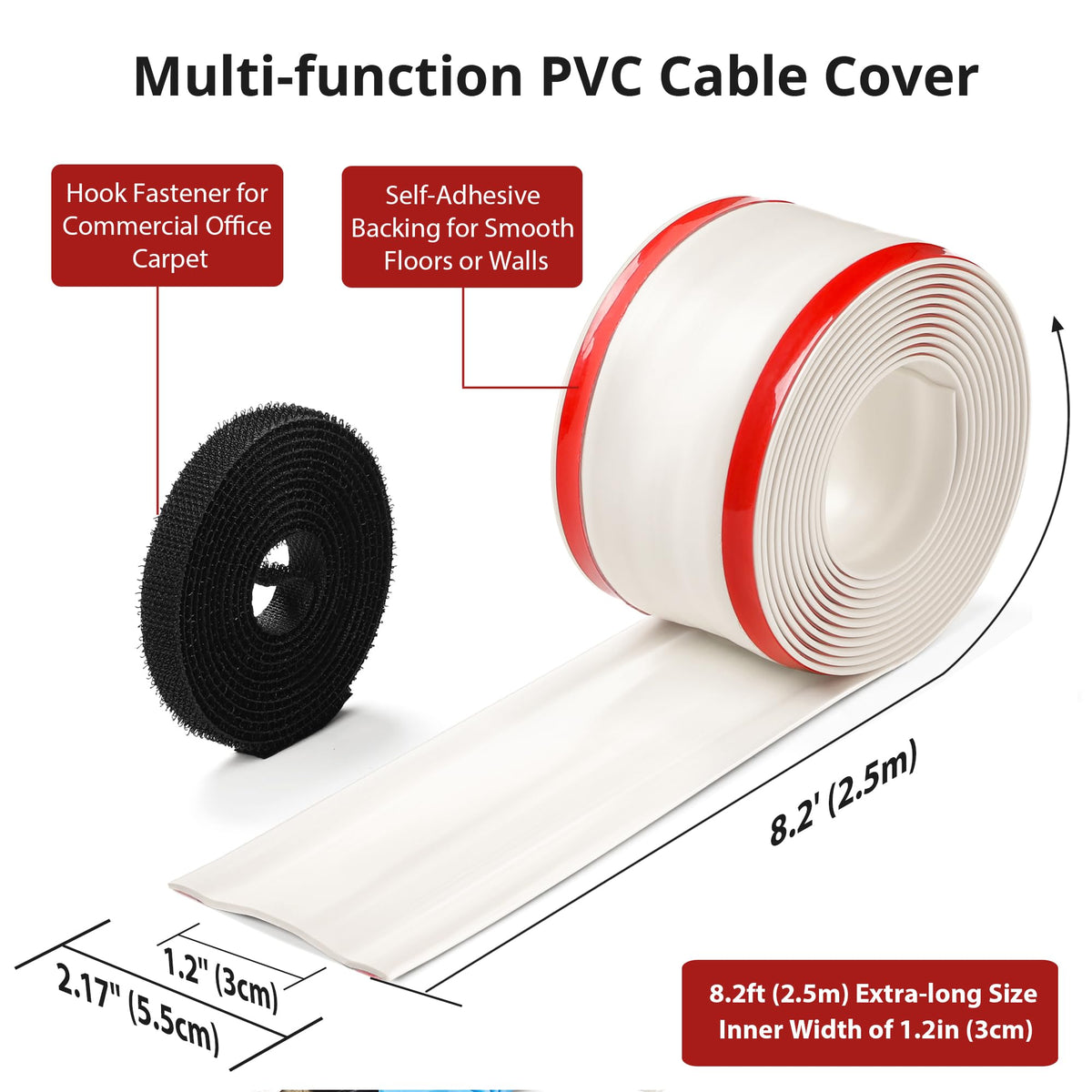 ZhiYo cord cover low-profile 0.06 inch thickness concealing 1–2 cables on carpet.