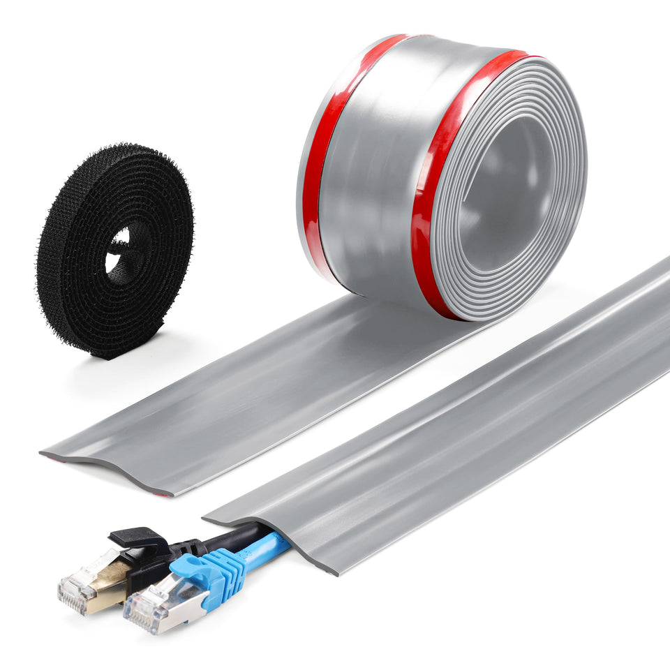 ZhiYo cord cover on gray floor conceals cables securely on carpet.