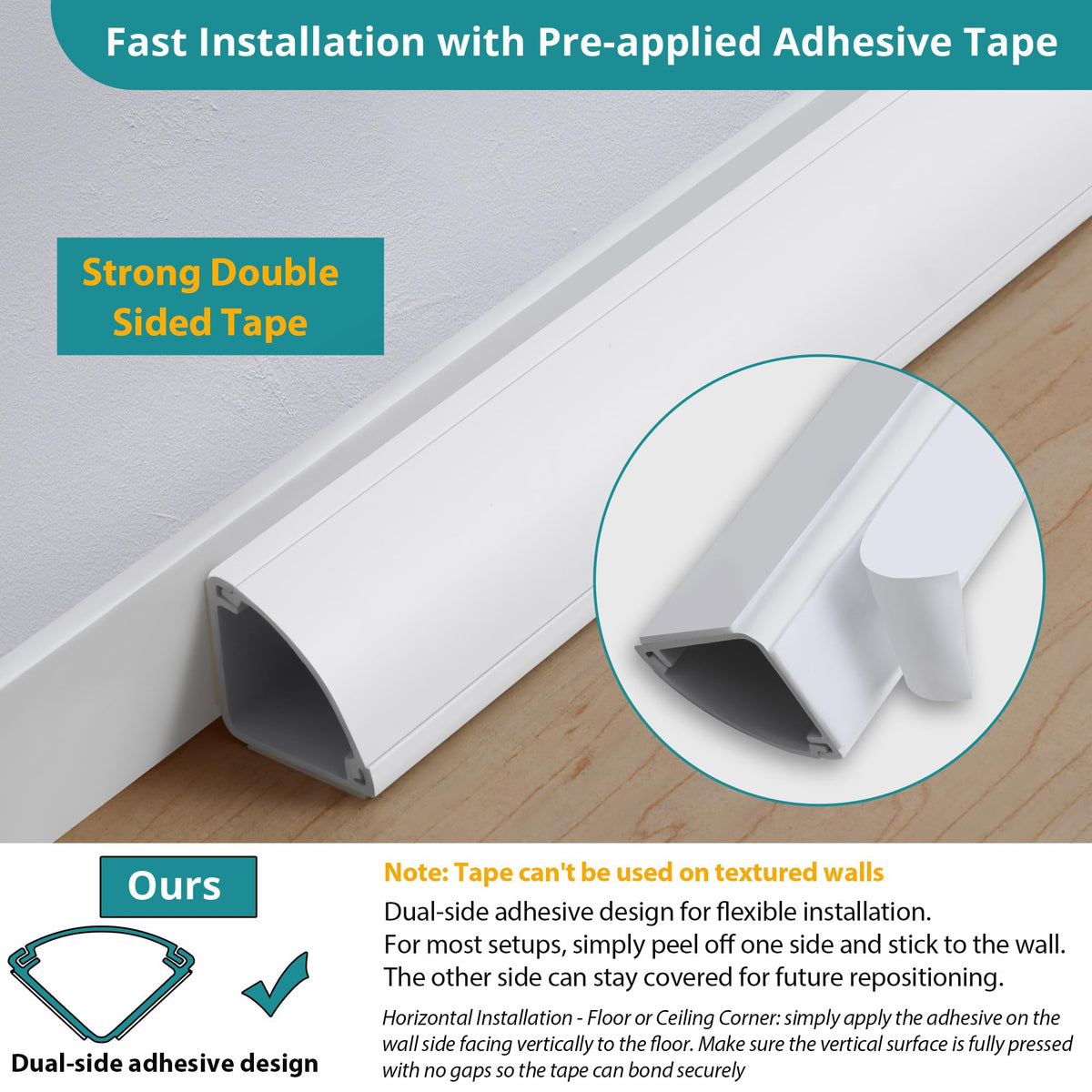 ZhiYo five-section white corner duct hides multiple cables neatly.