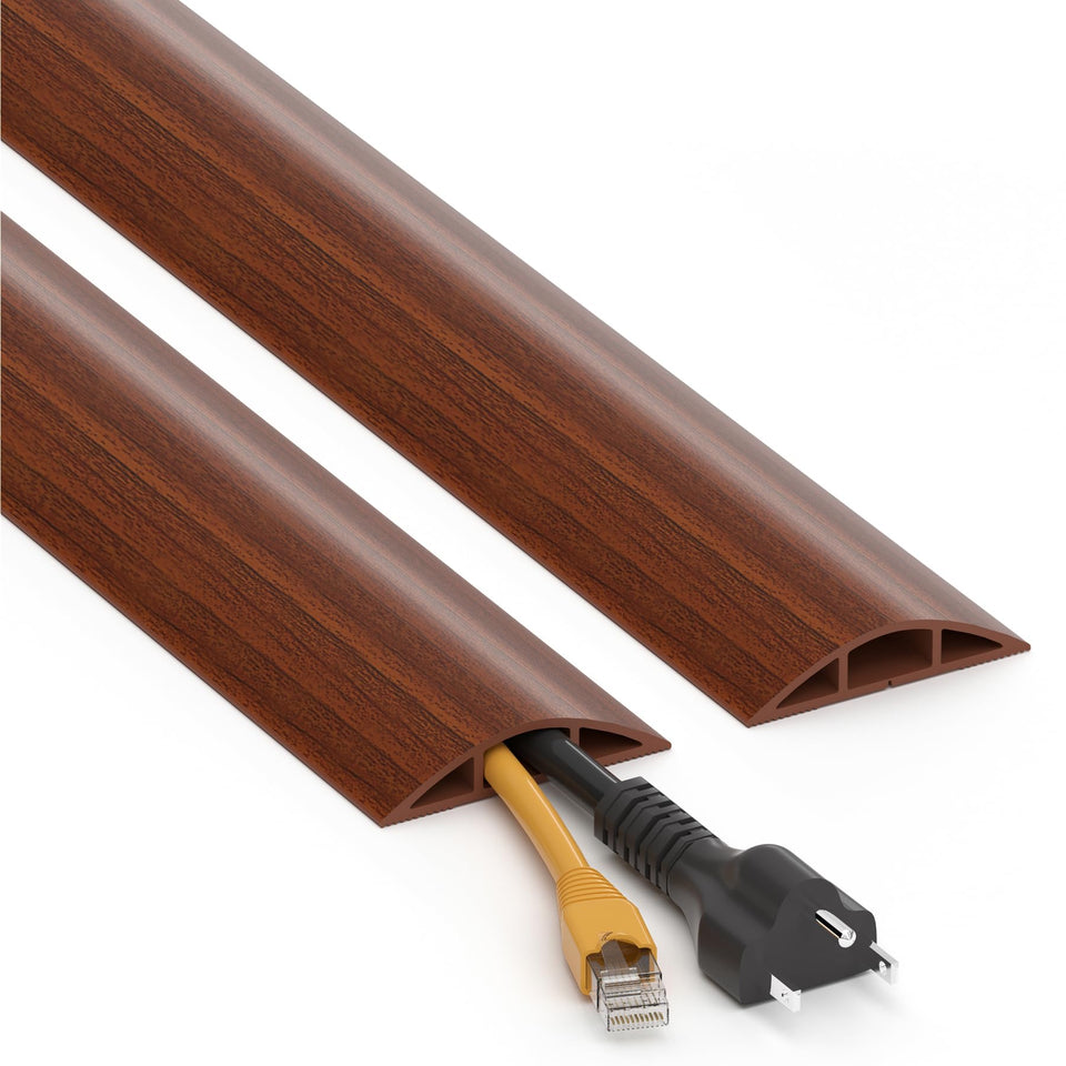 ZhiYo floor cord cover 4ft in brown walnut wood protects cables across floors.