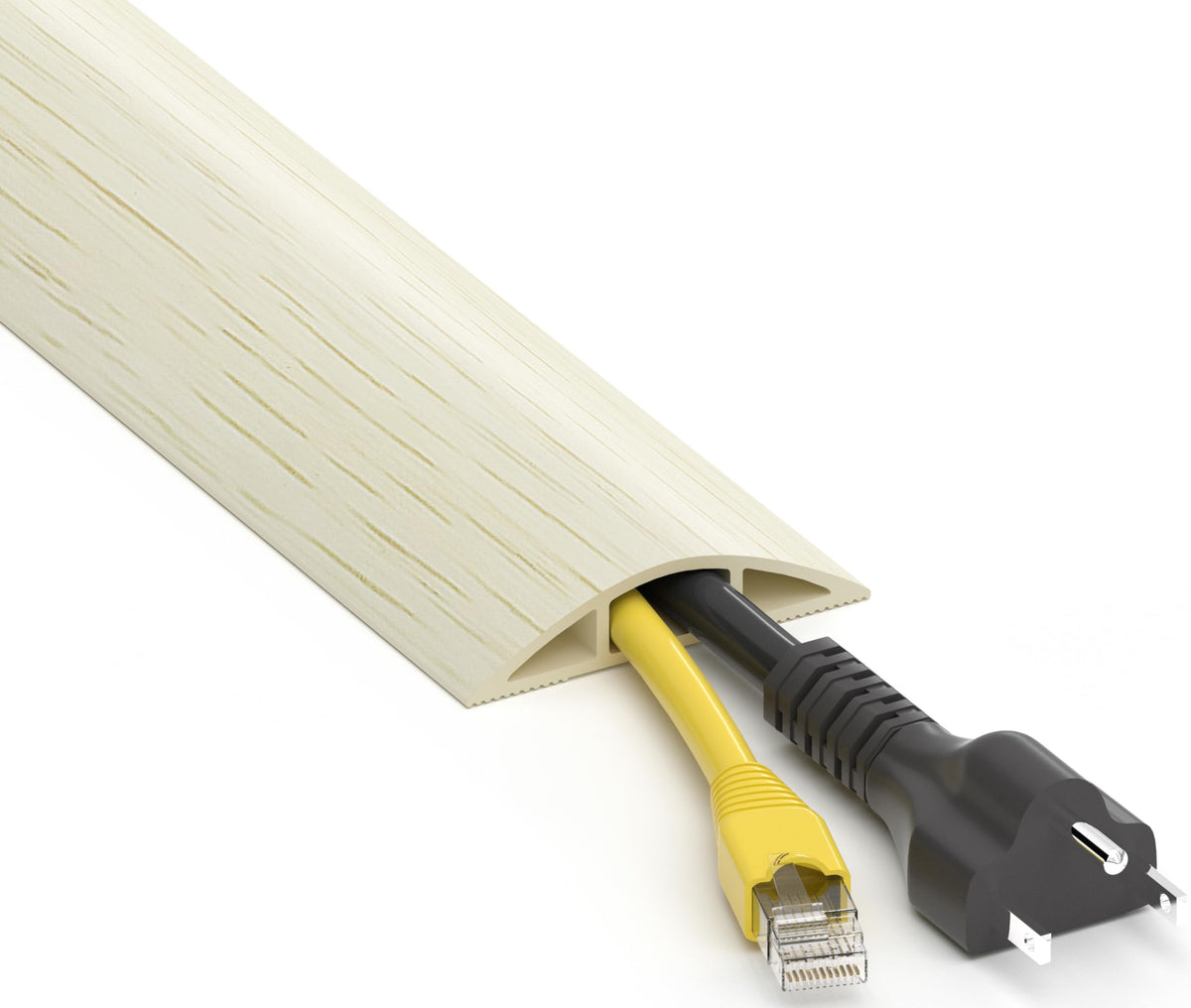 ZhiYo floor cord cover in white oak hides cables for a clean living room.