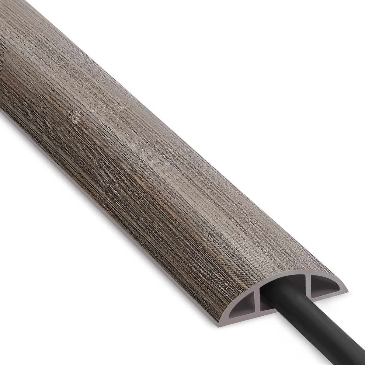 ZhiYo floor cord cover in grey wood grain conceals a single cable for a safe, trip-free floor.